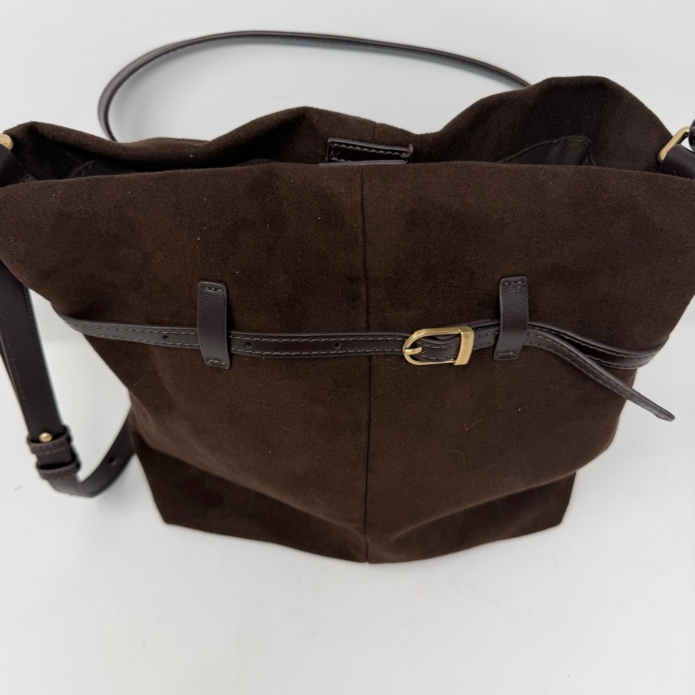 House of Harlow 1960 Suede Belted Bucket Bag Crossbody Brown Women - Picture 2 of 12
